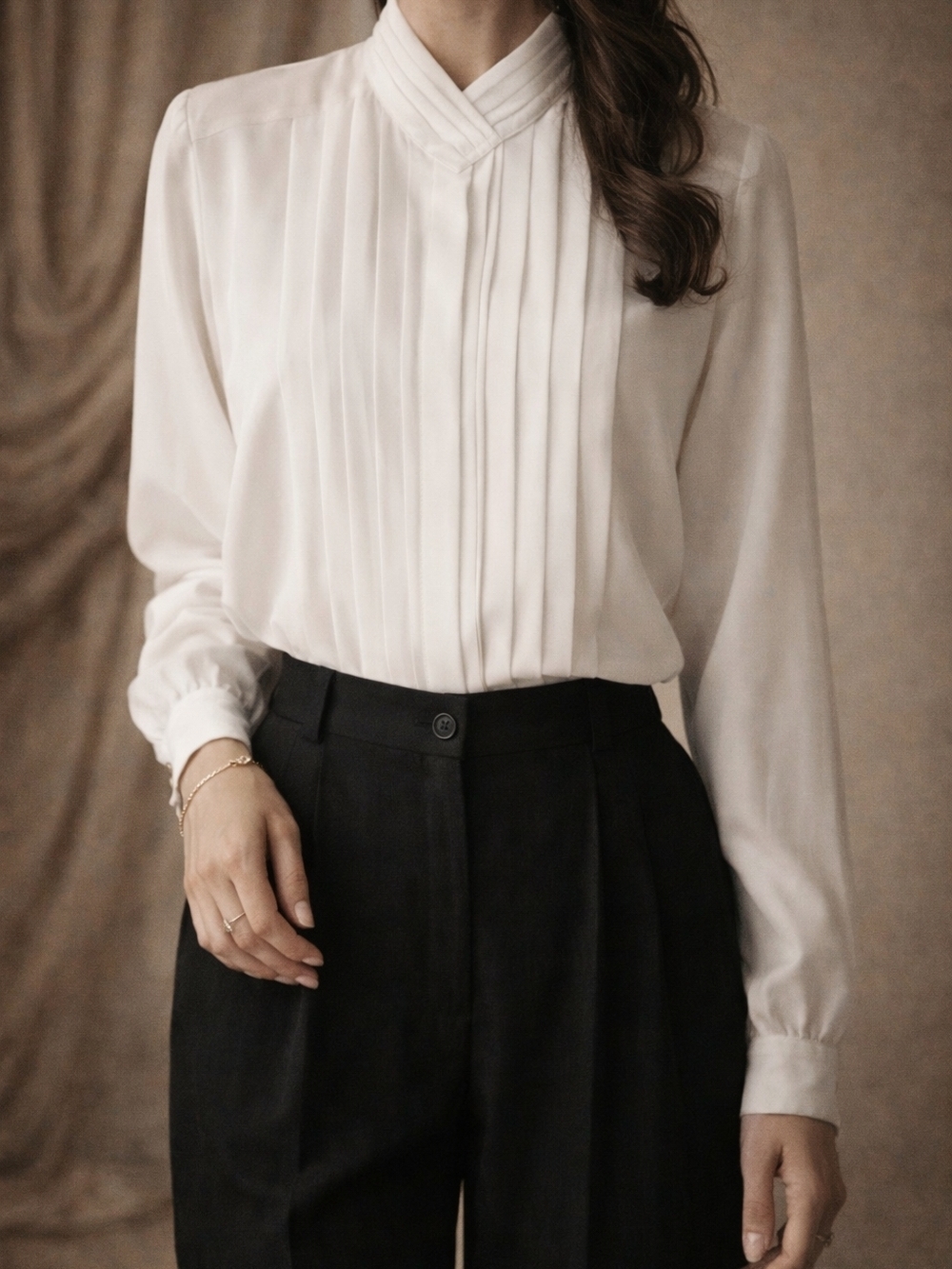Vintage Yves St Clair White Blouse Sz 14 Pleated Hidden Buttons Classic